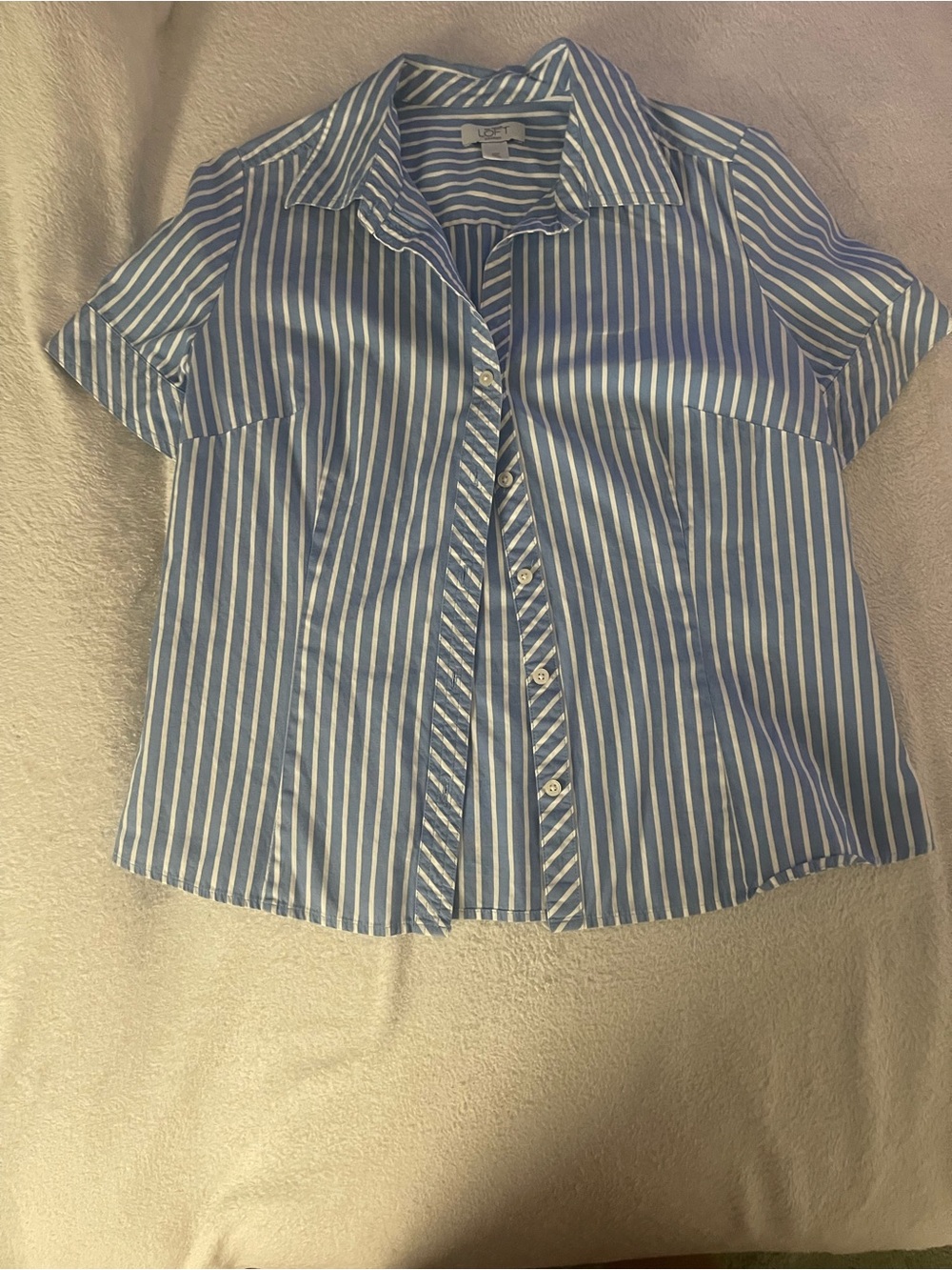 LOFT Blue and White Vertical Stripe Short Sleeve Button-Down
